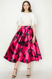 Fuchsia Multi Abstract Print High Waist Flared Midi Skirt