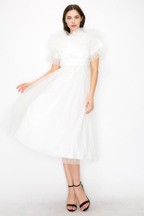 White Tulle Pleated Floral Short Sleeve Midi Dress