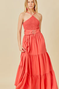 Tomato Smocked Halter Maxi Dress With Belt