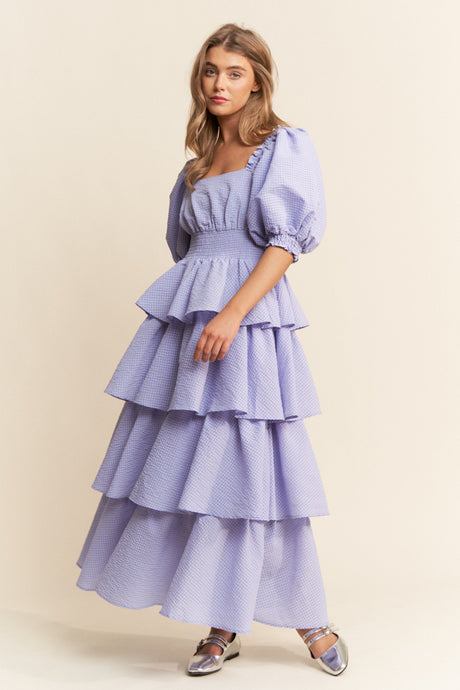 Lavender Square Neckline Ruffle Tiered Maxi Dress