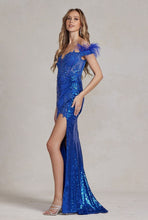Royal Blue One-Shoulder Sequin Slit Long Evening Dress