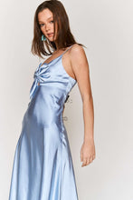 Sky Blue Satin Tie Bust Spaghetti Strap Midi Dress