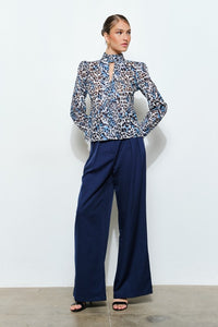White/Blue Leopard High Neck Long Sleeve Blouse