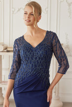 Navy Blue Floor Length Mob Gown With 3/4 Sleeves V Neckline