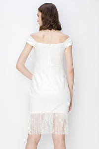 White Fringe Bateau Neck Stretch Mini Dress