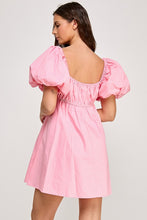 Pink Square Neck Bubble Sleeve Mini Dress