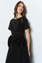Black Elegant Rose Applique A-line Midi Dress