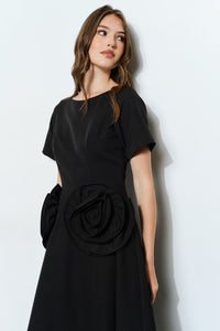 Black Elegant Rose Applique A-line Midi Dress