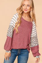 Mauve/Ivory/Black Soft Brushed Leopard Color Block Knit Top