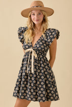 Black Deep V-neck Mini Dress With Bubble Sleeve And Hem
