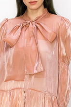 Mauve Shimmer Long Sleeve Neck Ribbon Button Down Top