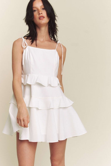 White Linen Tie Spaghetti Ruffle Detail Mini Dress
