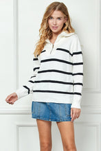 White Stripe Knit Zip-up High Collared V-neck Sweater