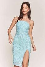Sky Blue Sequin Tube Slit Midi Dress