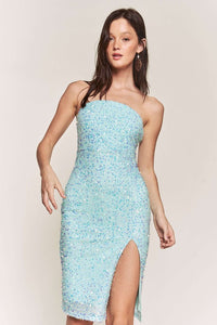 Sky Blue Sequin Tube Slit Midi Dress