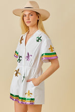 White Mardi Gras Sequin Trim Solid Romper