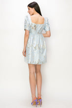 Blue Square Neck Jacquard Glitter Baby Doll Mini Dress