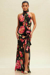 Black Multi Floral Rosette Maxi Dress