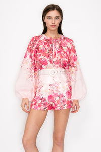 Pink Multi Floral Print Blouse and Belted Short Pants Set