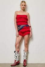 Red Strapless Ruffle Lace Trim Romper