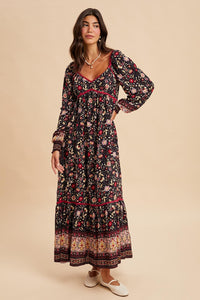 Midnight Floral Contrast Piped Border Print Maxi Dress