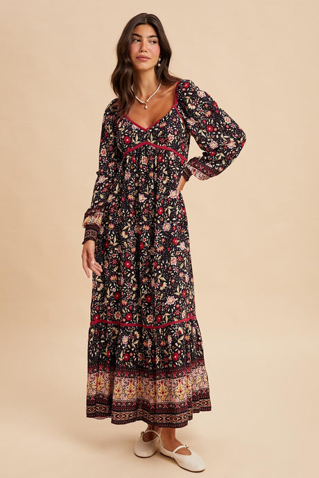 Midnight Floral Contrast Piped Border Print Maxi Dress