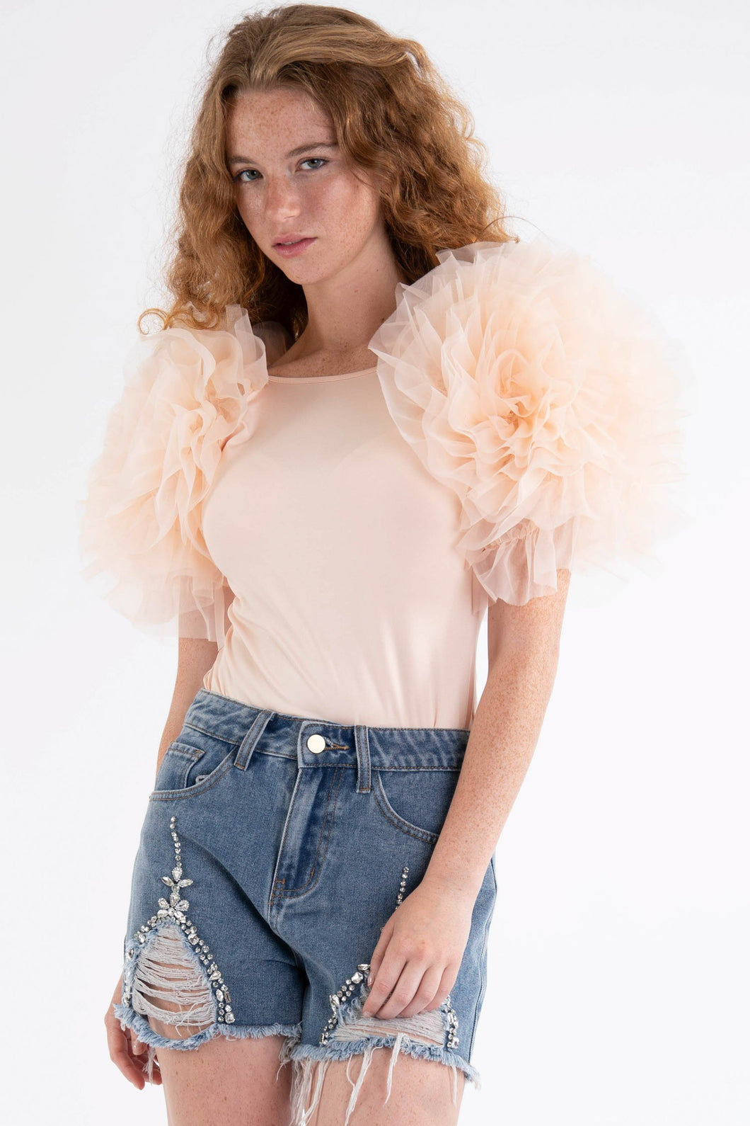Taupe Solid Exaggerated Bodysuit W Mesh Ruffle Sleeves