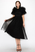 Black Tulle Pleated Floral Short Sleeve Midi Dress