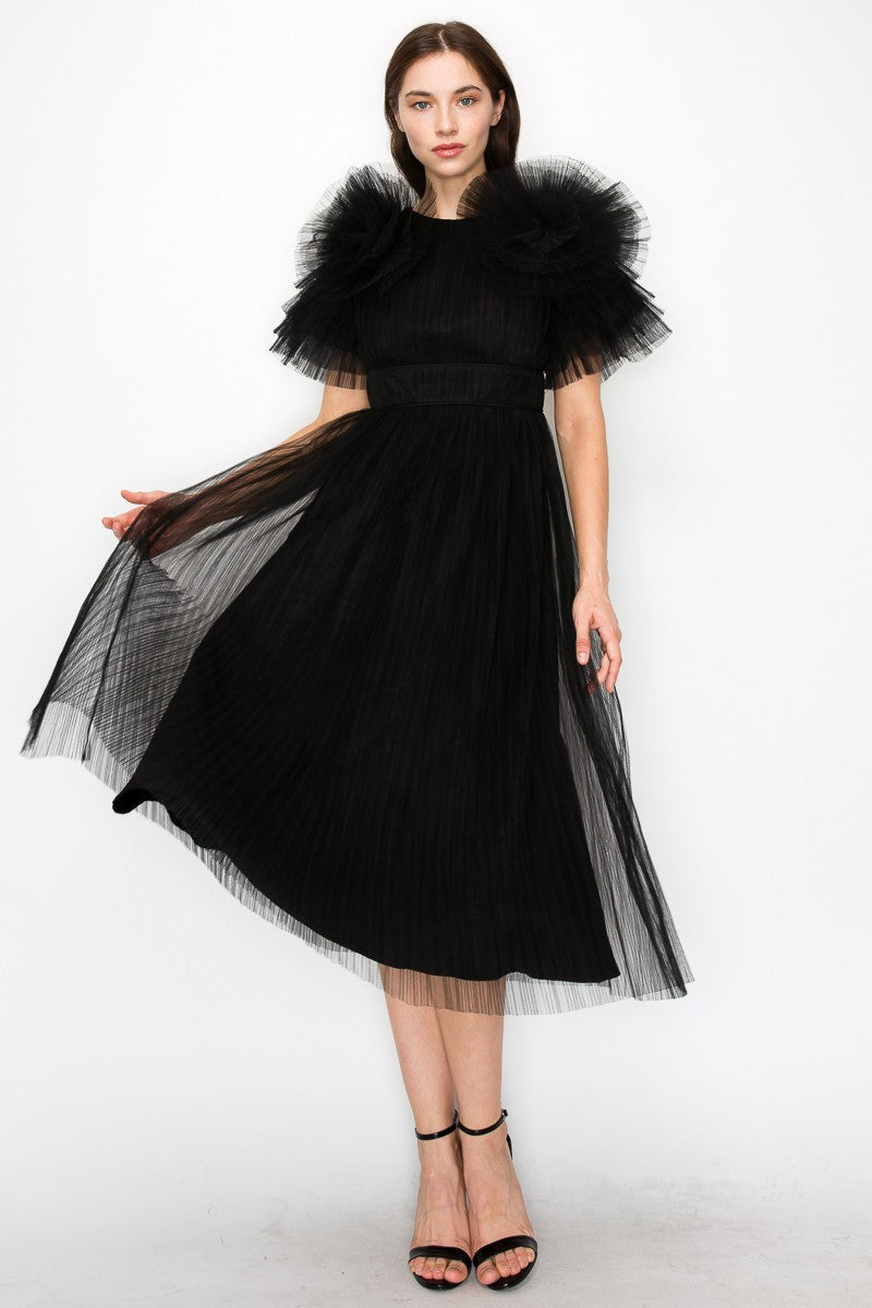 Black Tulle Pleated Floral Short Sleeve Midi Dress