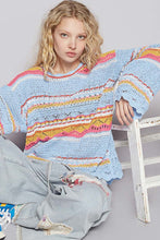 Blue Multi Round Neck Long Sleeve Striped Solid Sweater Top