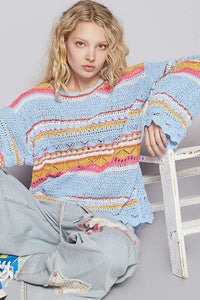 Blue Multi Round Neck Long Sleeve Striped Solid Sweater Top