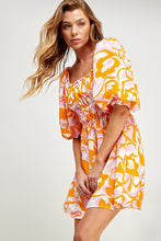 Orange Multi Open Tie Back Balloon Sleeve Sweatheart Dress