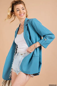 Denim Blue Crinkle Texture Floral Lined Blazer