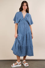 Denim Mineral Washed Elastic Neck Detail Midi Dress