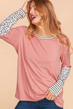 Mauve/Grey/Ivory Rib Leopard Print Stripe Color Block Knit Top