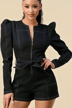 Black Belted Puff Sleeve Romper