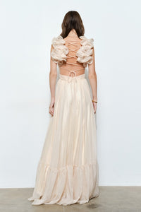 Champagne Organza Shoulder Strap Cutout Lace-up Maxi Dress