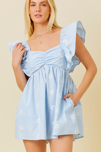 Light Blue Ruffle Shoulder Shirring Babydoll Romper