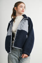 Navy Multi Quilted Plaid Sherpa Fleece Snap Jacket