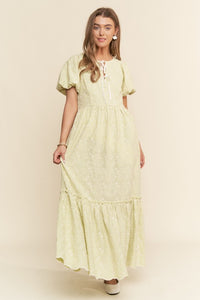Pastel Lime Finely Floral Embroidered Tiered Maxi Dress