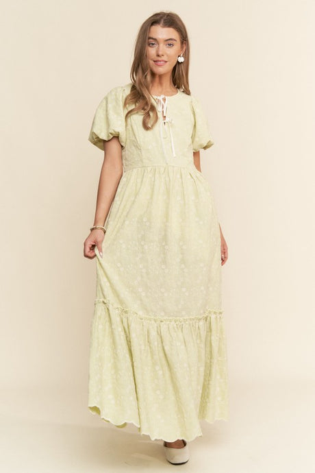 Pastel Lime Finely Floral Embroidered Tiered Maxi Dress