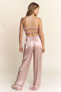 Mauve Satin Pintucked Bust Open Back Wide Leg Jumpsuit