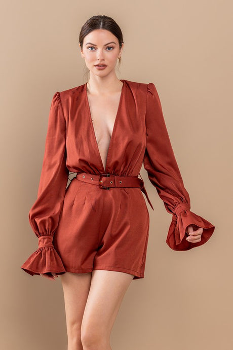 Brick Ruffle Hem V Neck Self Tie At Waist Romper