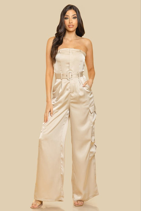 Taupe Unbalanced Tube Top With Pocket Jumpsuit