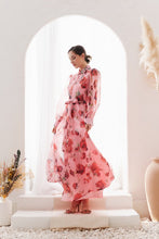 Coral/Red Organza Flower print Self-belt Shirt Maxi Dress