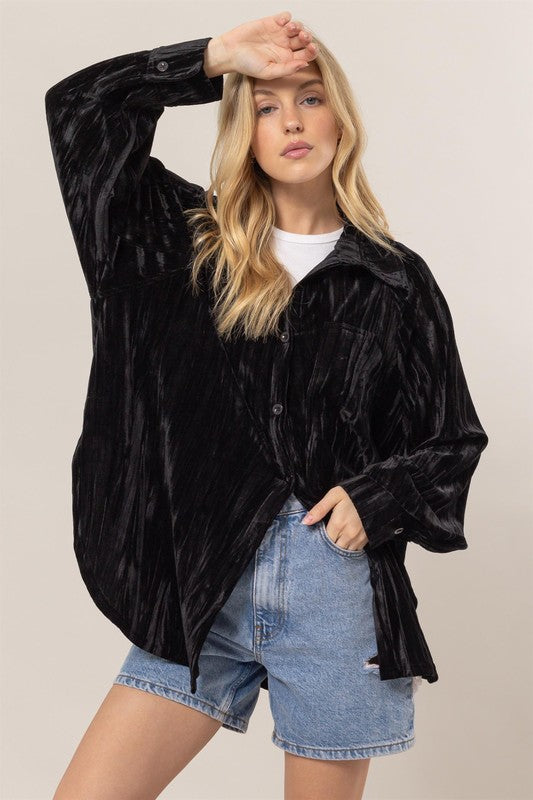 Black Oversized Velvet Button-Up Shirt Jacket