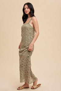 Dusty Olive Cotton Crochet Maxi Tank Dress
