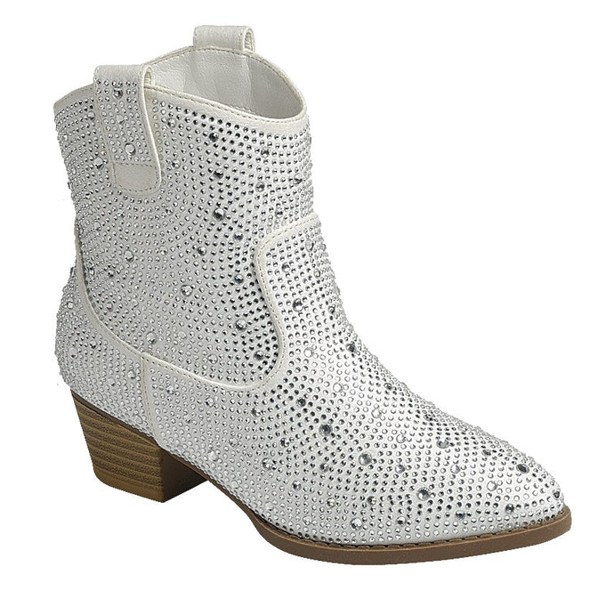 White Kids Boots Stacked Heel Cowboy Bootie With Sparkle Through Ou