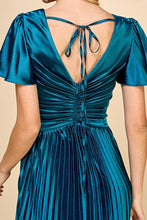 Teal Short Sleeve Pleated Skirt Tie Back Maxi Dress