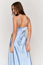 Sky Blue Satin Tie Bust Spaghetti Strap Midi Dress